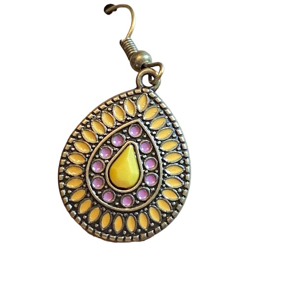 Boho Style Antique Gold Yellow and Purple  Teardrop Drop Earrings - Picture 2 of 4